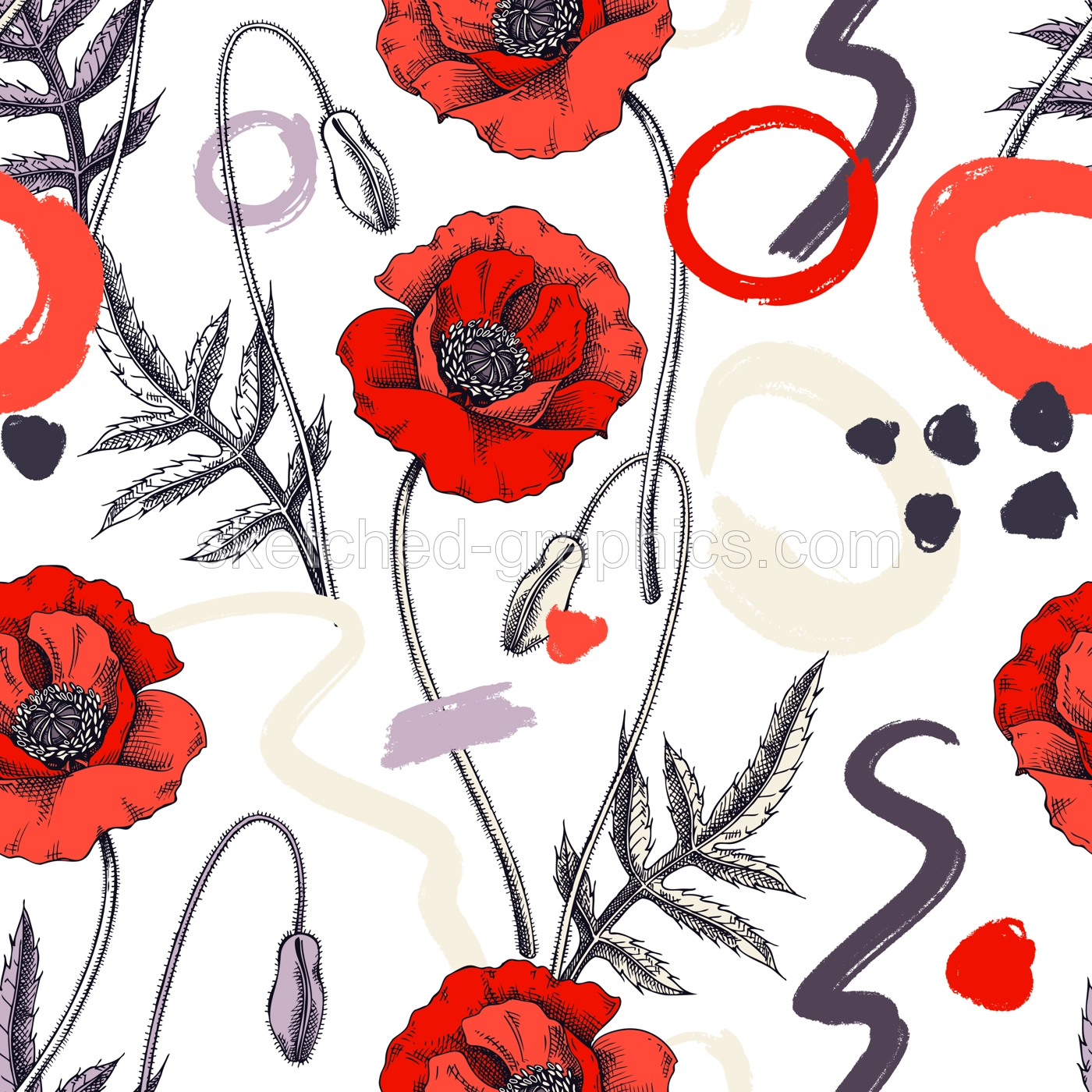 Collage-style summer background. Sketched poppy seamless pattern. Trendy design with floral sketches, geometric shapes, and abstract elements. Perfect for print, poster, card, fabric, wrapping Illustration